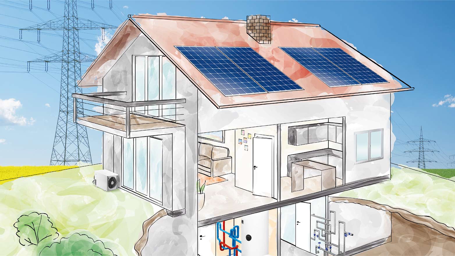 Visualisierung eines Gebäudes mit angeschlossener Energieversorgung