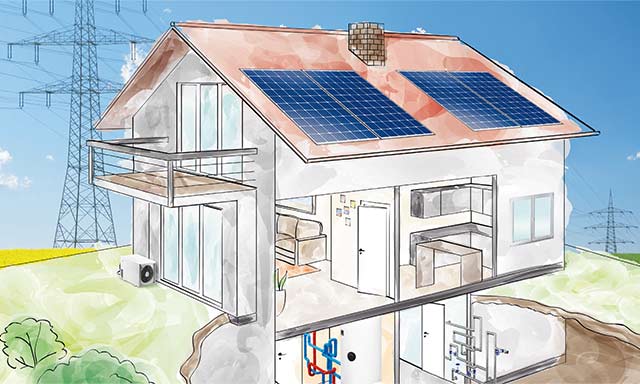 Visualisierung eines Gebäudes mit angeschlossener Energieversorgung