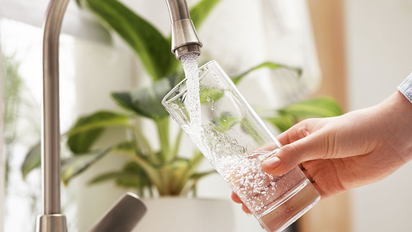 Hand hält ein Glas unter einen Wasserhahn